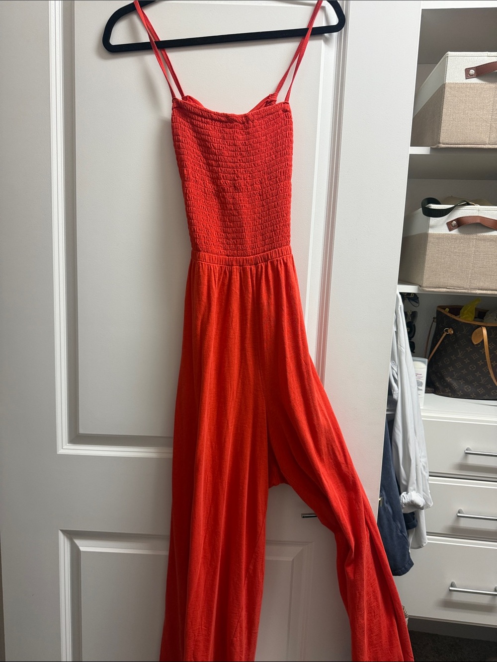 AE Bright Red Smocked Bodice Spaghetti Strap Jumpsuit